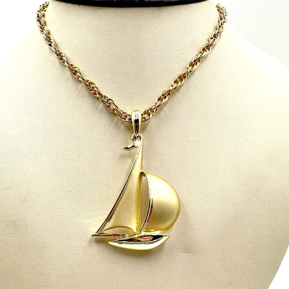 Gold Tone Sail Boat Pendant Necklace 25” Long NWOT